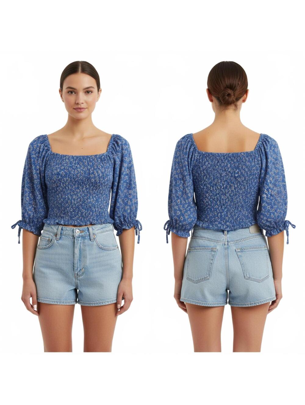 Blue Smocked Puff Sleeve Blouse